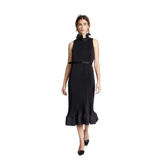 NWOT Tibi Pleated Sleeveless Flounce Hem Dress Womens XS Black Sleeveless Belted - Picture 1 of 15